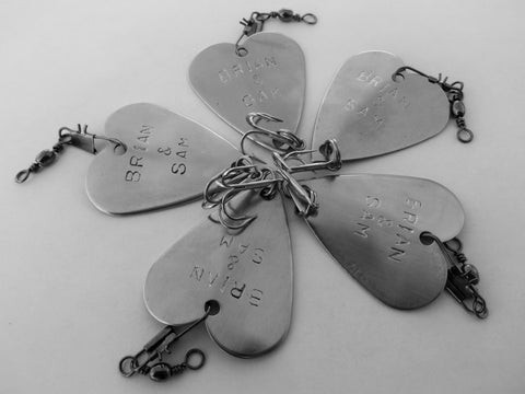 Five Personalized Handstamped Wedding Day Heart Fishing Lures Father of Groom Father of Bride Dad Husband Best Man Groomsmen