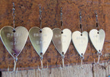 Five Personalized Handstamped Wedding Day Heart Fishing Lures Father of Groom Father of Bride Dad Husband Best Man Groomsmen