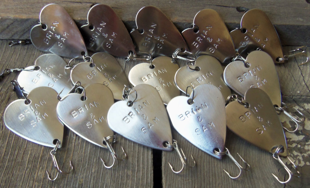 Fifteen Hand Stamped Wedding Favors Bulk Custom Fishing Lures Wedding Day Gift Father of Groom Father of Bride Dad Husband Best Man Trinkets