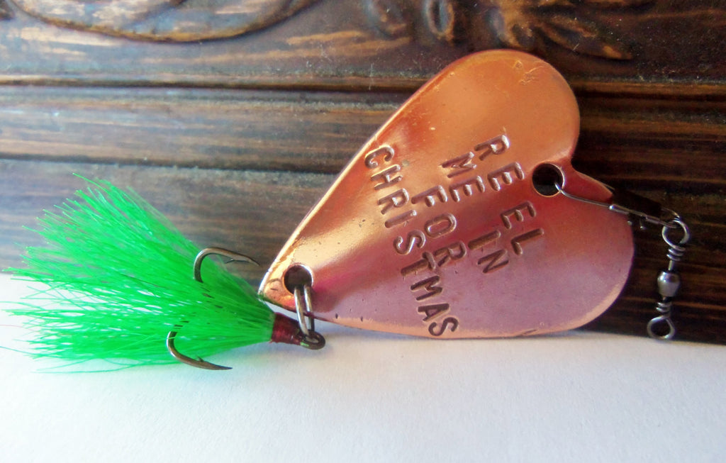 Mens Gift Christmas Handstamped Fishing Lure Husband Holiday Gift for Boyfriend Personalized Dad Brass Copper Bronze Steel Heart Reel Me In
