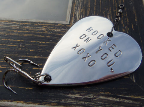 First Valentines Day Gift for Husband Fishing Lure Hooked on You xoxo Gift for Boyfriend Men Handstamped For Him Birthday Her Anniversary