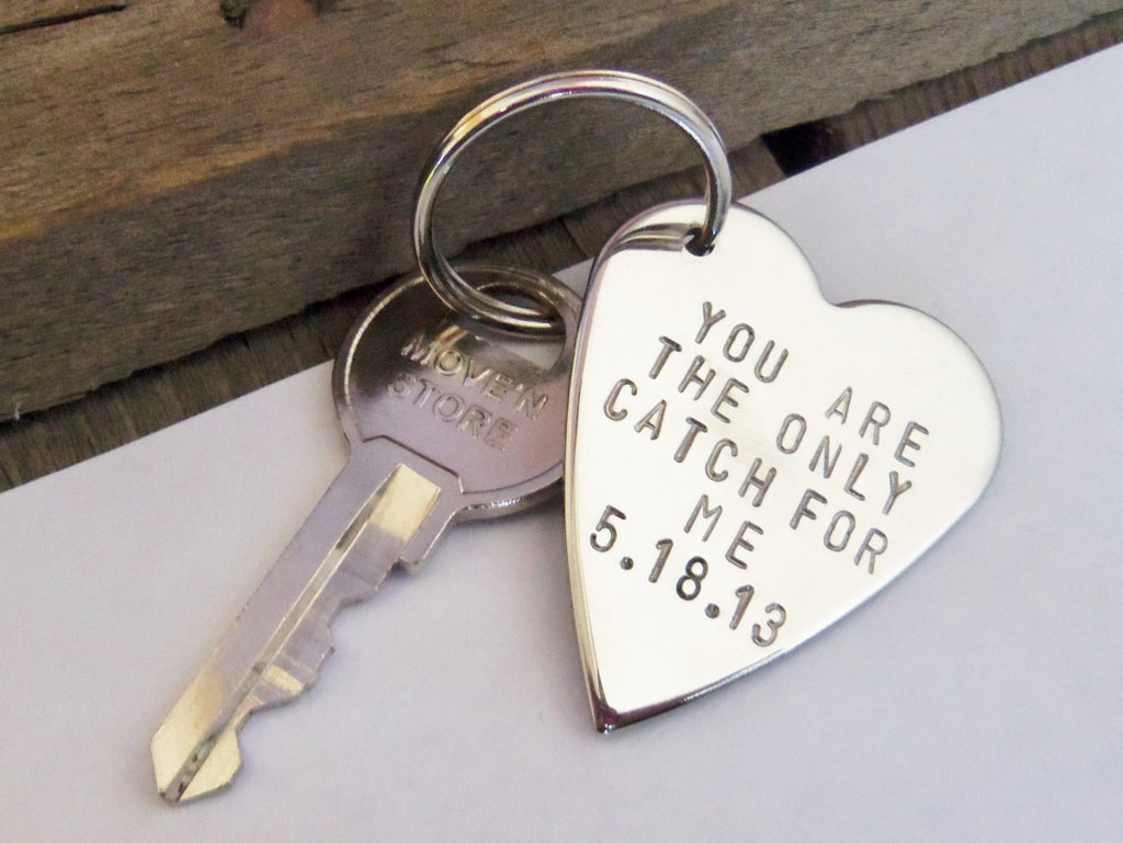 Mens Keychain for Boyfriend Husband Key Chain Personalized Keyring Handstamped Metal Key Ring Anniversary Women Wife Inspirational Birthday