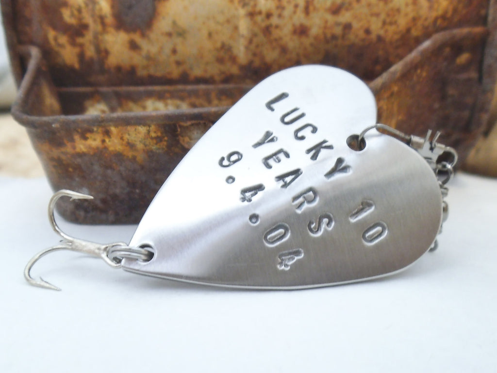 10th Anniversay Gift for Men Tenth Wedding Anniversary Husband Handstamped Fishing Lure Boyfriend Custom Steel Lucky in Love Lucky Us Copper
