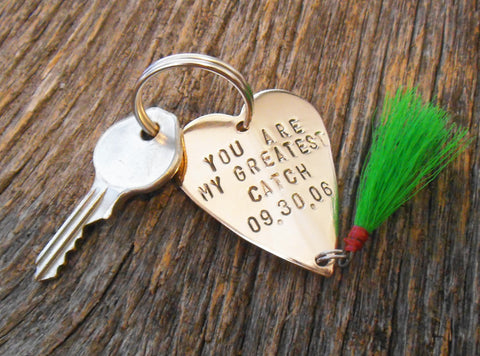 Fly Fishing Keychain Personalized Fishing Lure Key chain for Husband Wedding Day Gift for Newlyweds Engagement Bride and Groom Great Catch
