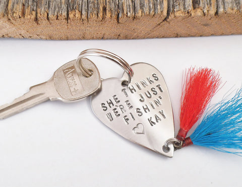 Boyfriend Gift for Anniversary Gift Idea for Husband Father's Day Dad Daughter Gift Christmas Fishing Key Chain She Thinks We're Just Fishin