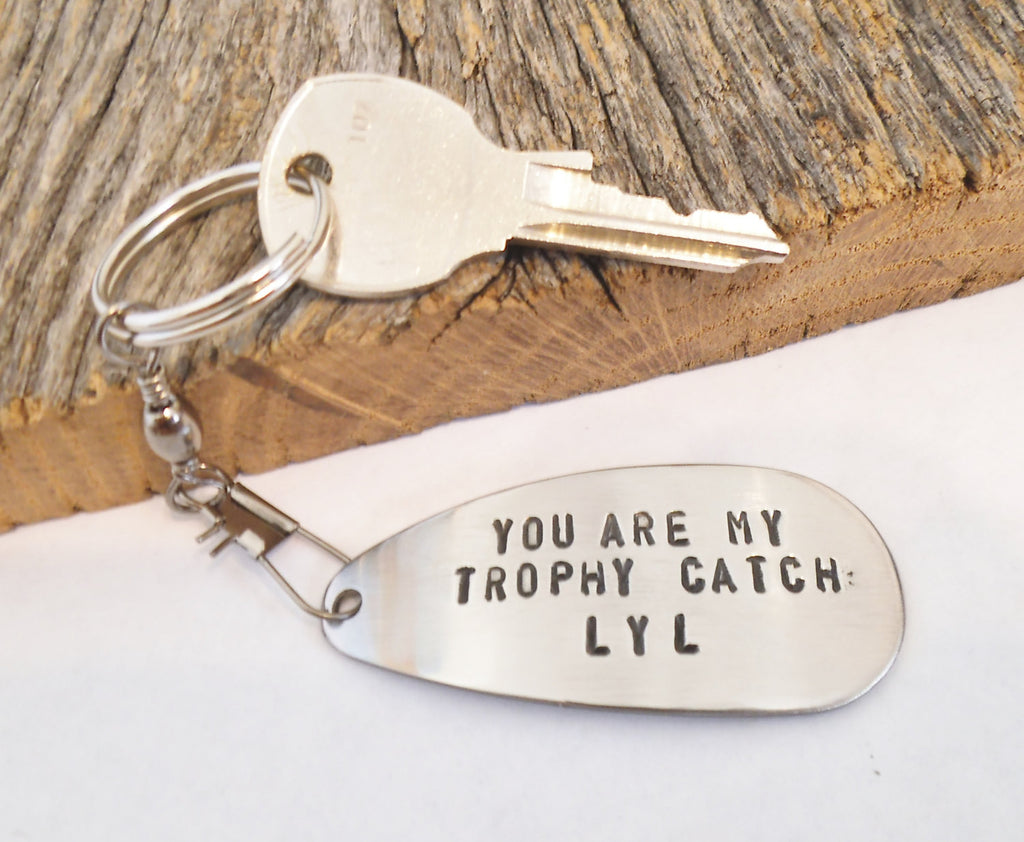 Fishing Boyfriend Keychain for Birthday Gift for Husband Personalized Fishing Lure Key Chain Wife Handstamped Keychain for Him Anniversary