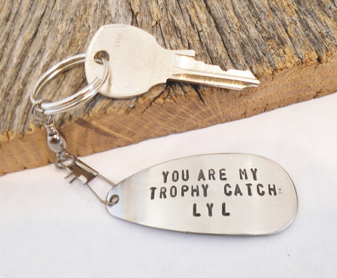 Fishing Boyfriend Keychain for Birthday Gift for Husband Personalized Fishing Lure Key Chain Wife Handstamped Keychain for Him Anniversary