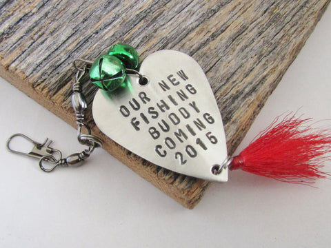 Our New Fishing Buddy Coming 2015 Fishing Lure Ornament Birth Announcement Handmade Ornament Hand Stamped Tree Ornament Christmas Ornament