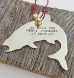 Personalized Ornament Merry Christmas 2015 Ornament Family Gift Merry Fishmas Wall Decor Metal Art Trout Jumping Fish Hand Stamped Ornament