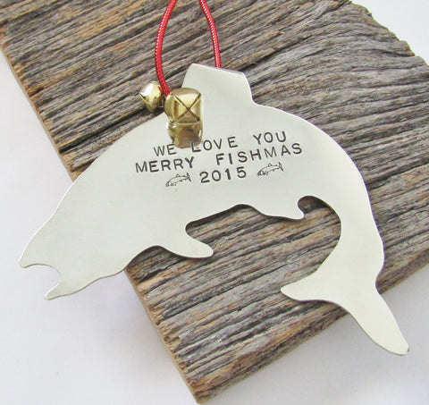 Personalized Ornament Merry Christmas 2015 Ornament Family Gift Merry Fishmas Wall Decor Metal Art Trout Jumping Fish Hand Stamped Ornament
